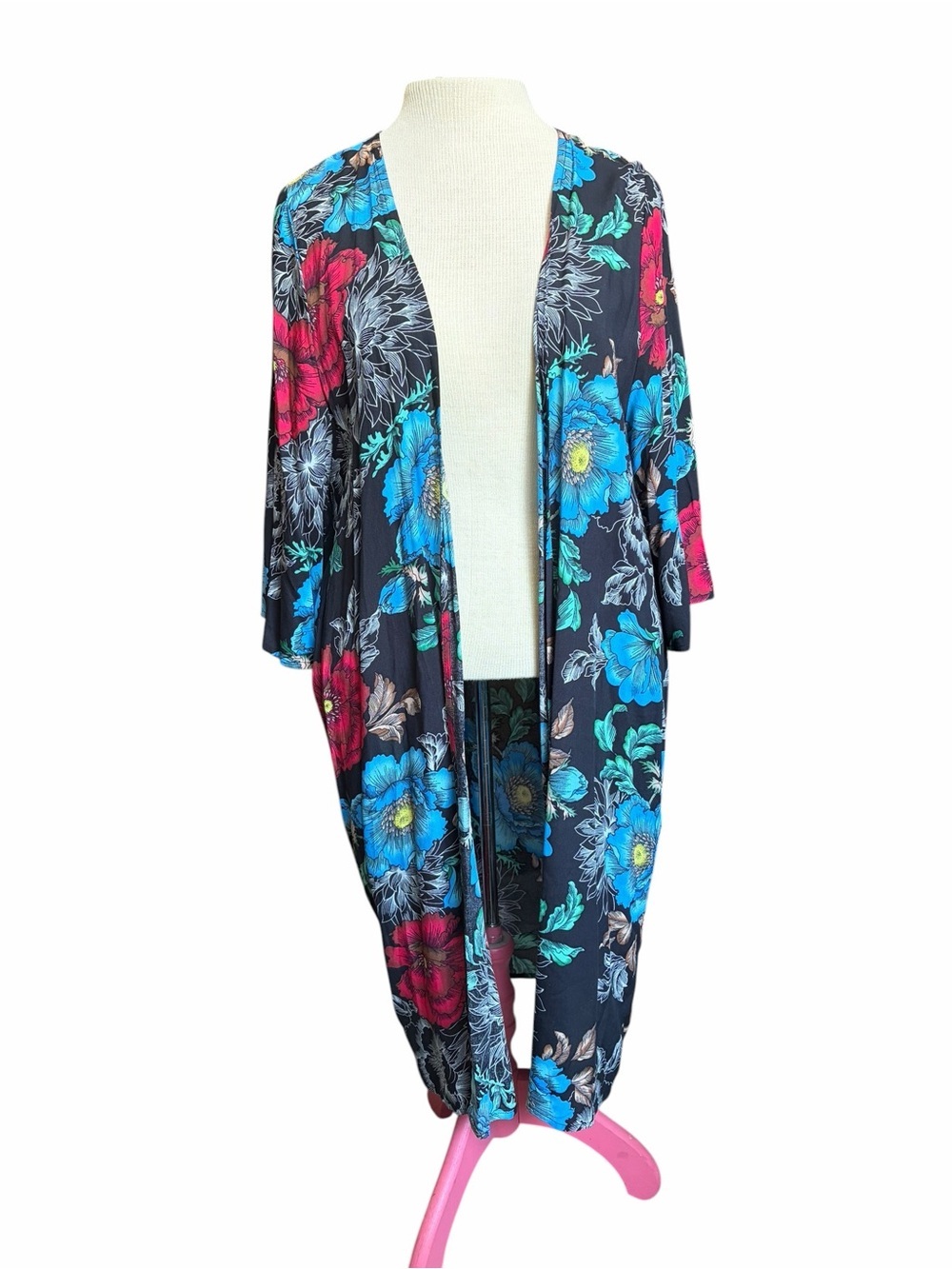 JODIFL Floral Open Front Kimono - Black with Blue & Teal Blossoms